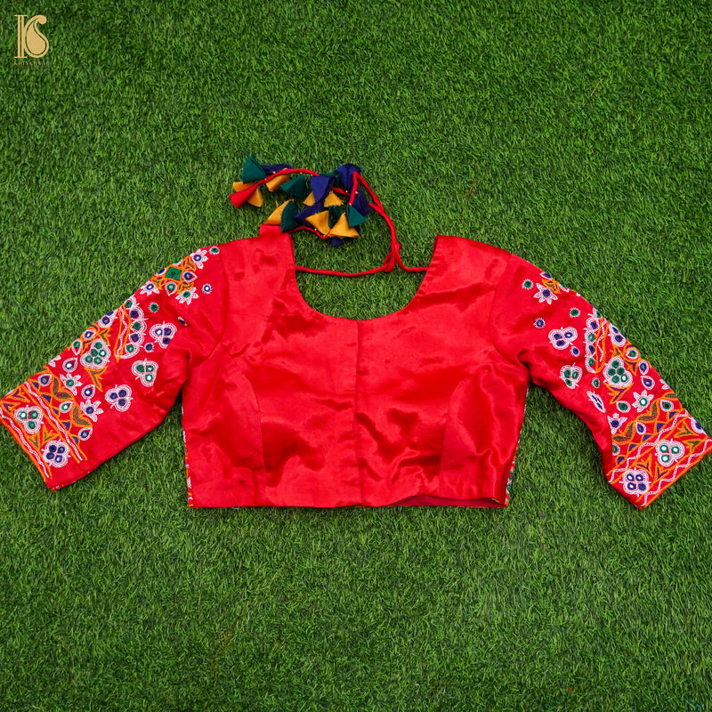 Crimson Red Pure Mashru Silk Mirror Work Embroidery Stiched Blouse - Khinkhwab