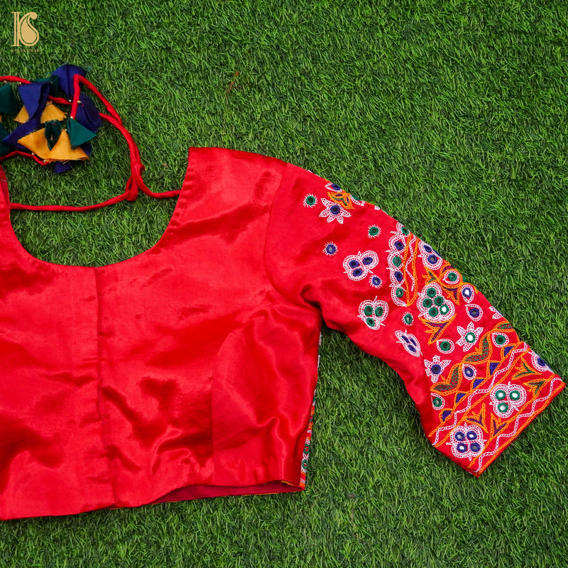 Crimson Red Pure Mashru Silk Mirror Work Embroidery Stiched Blouse - Khinkhwab