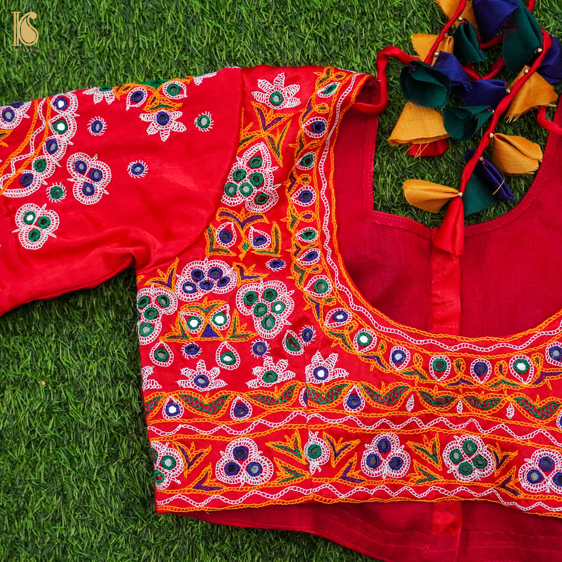 Crimson Red Pure Mashru Silk Mirror Work Embroidery Stiched Blouse - Khinkhwab