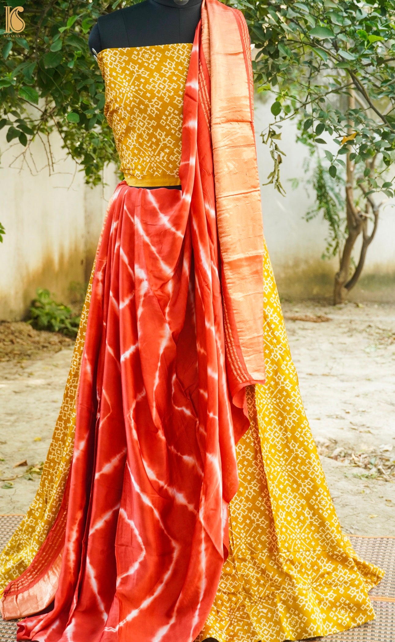 Yellow & Red Pure Gajji Silk Patola Ajrakh Lehenga Set – Khinkhwab