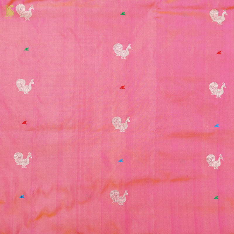 Froly Pink Handwoven Pure Katan Silk Banarasi Peacock Kadwa Fabric - Khinkhwab
