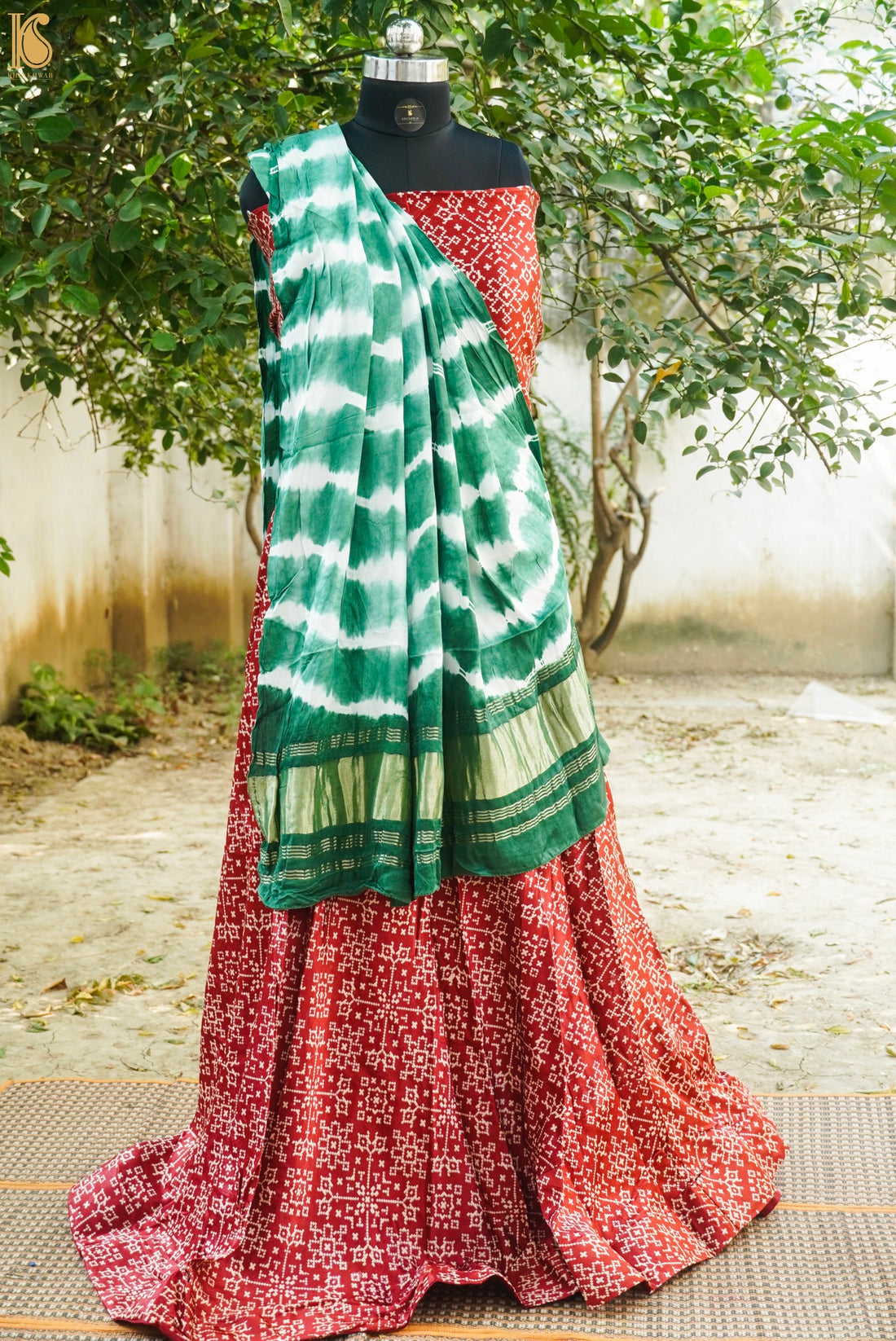 Green &amp; Red Pure Gajji Silk Patola Ajrakh Lehenga Set - Khinkhwab