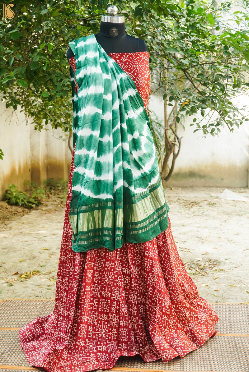 Green & Red Pure Gajji Silk Patola Ajrakh Lehenga Set - Khinkhwab