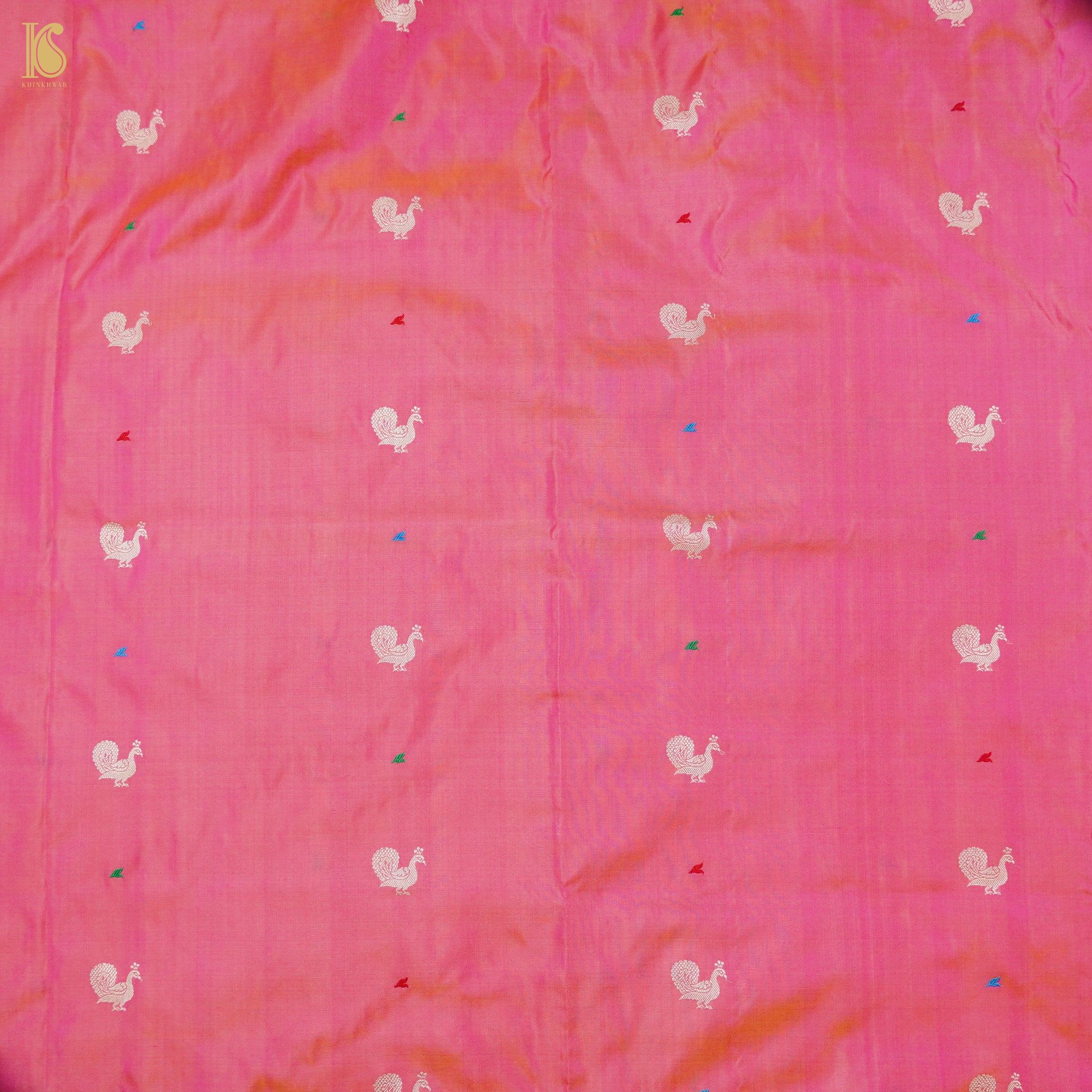 Froly Pink Handwoven Pure Katan Silk Banarasi Peacock Kadwa Fabric - Khinkhwab