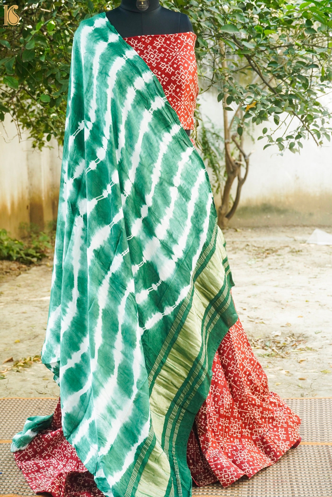 Green &amp; Red Pure Gajji Silk Patola Ajrakh Lehenga Set - Khinkhwab