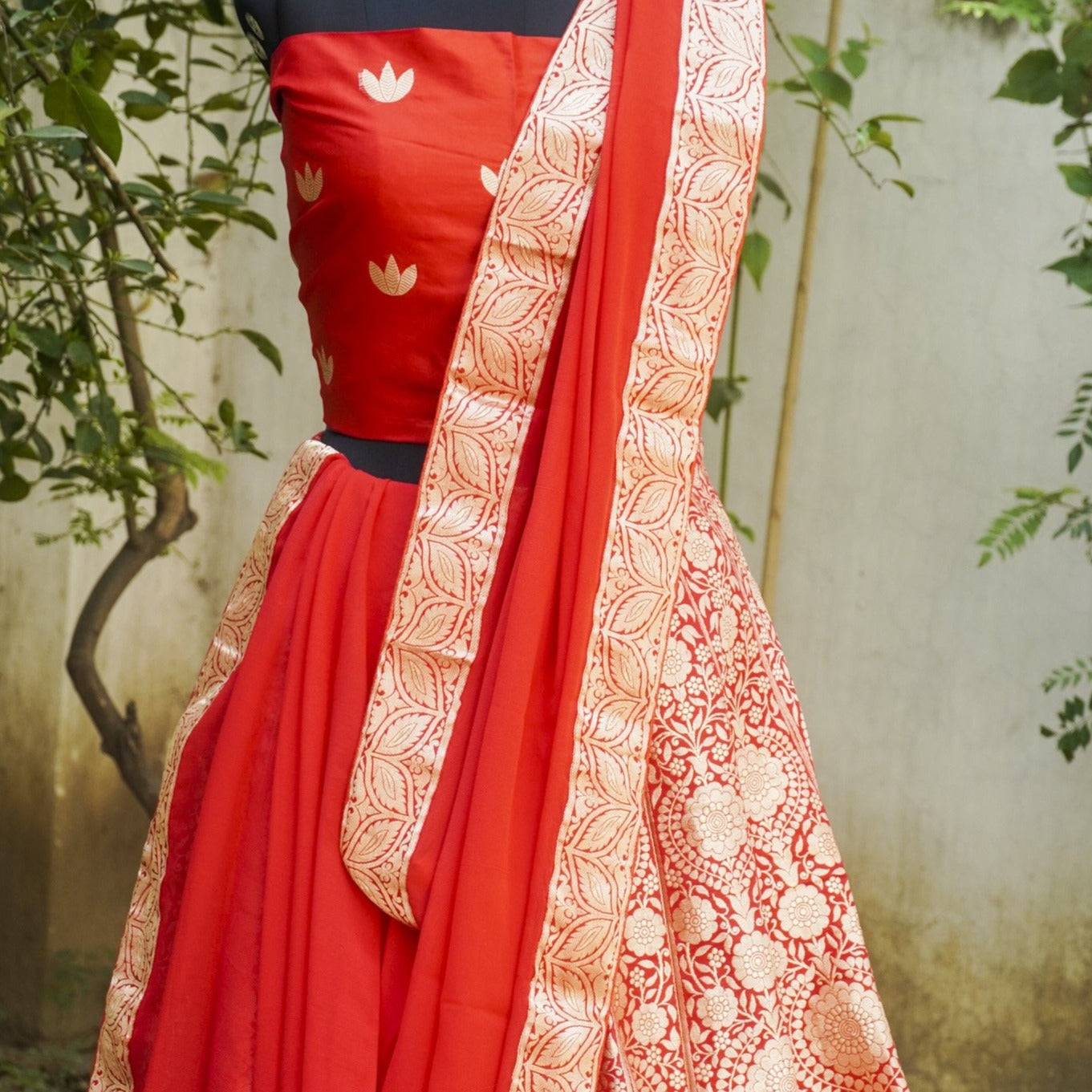 Red Pure Katan Silk Handloom Banarasi Stitched Lehenga - Khinkhwab