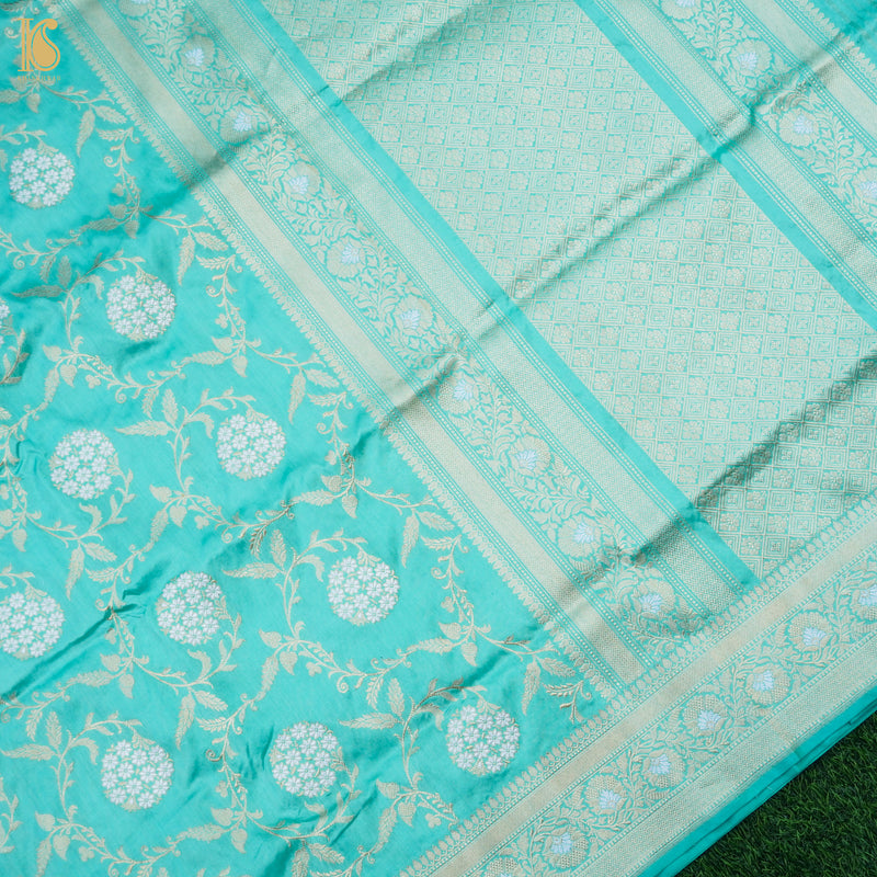 Turquoise Blue Katan Silk Handloom Banarasi Kadwa Saree - Khinkhwab