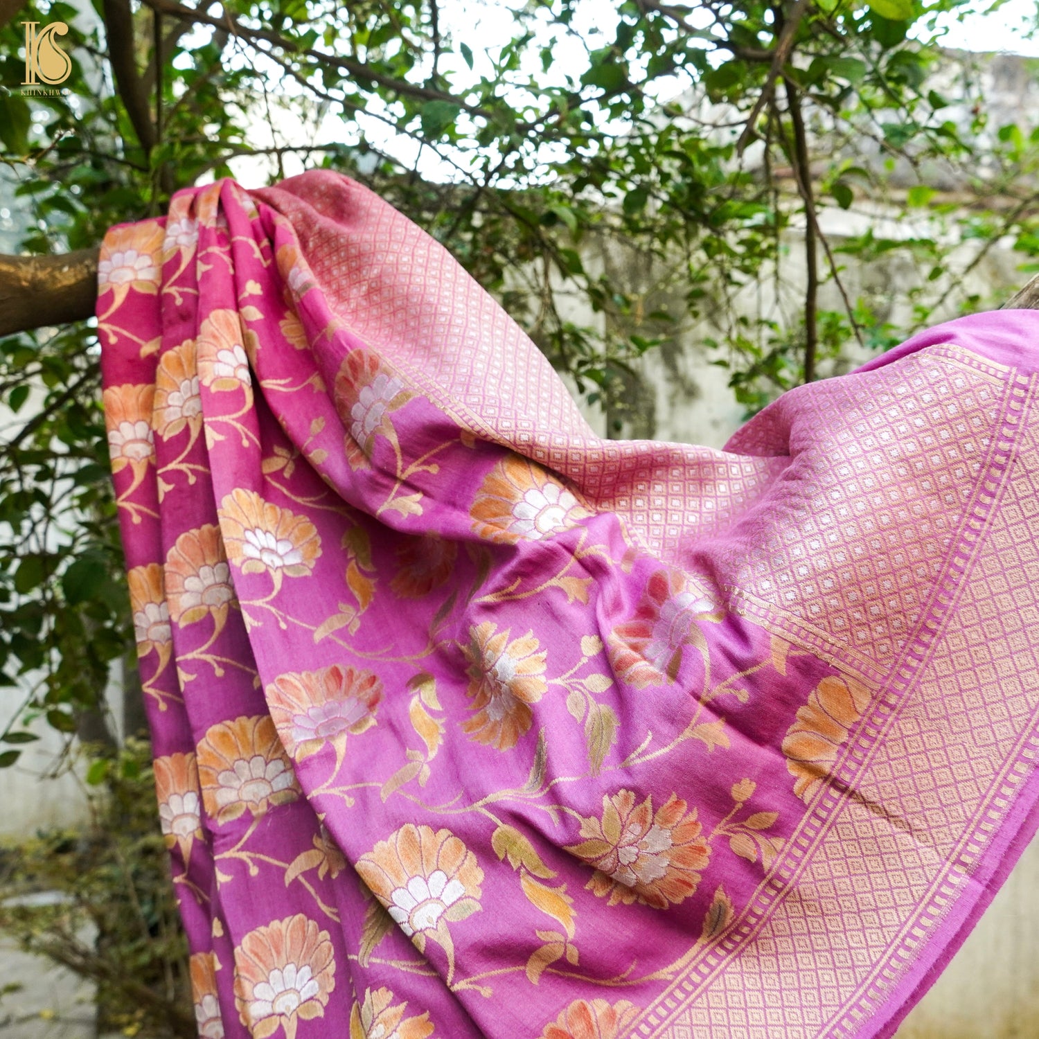 Orchid Pink Banarasi Moonga Silk Dupatta with Hand Brush - Khinkhwab