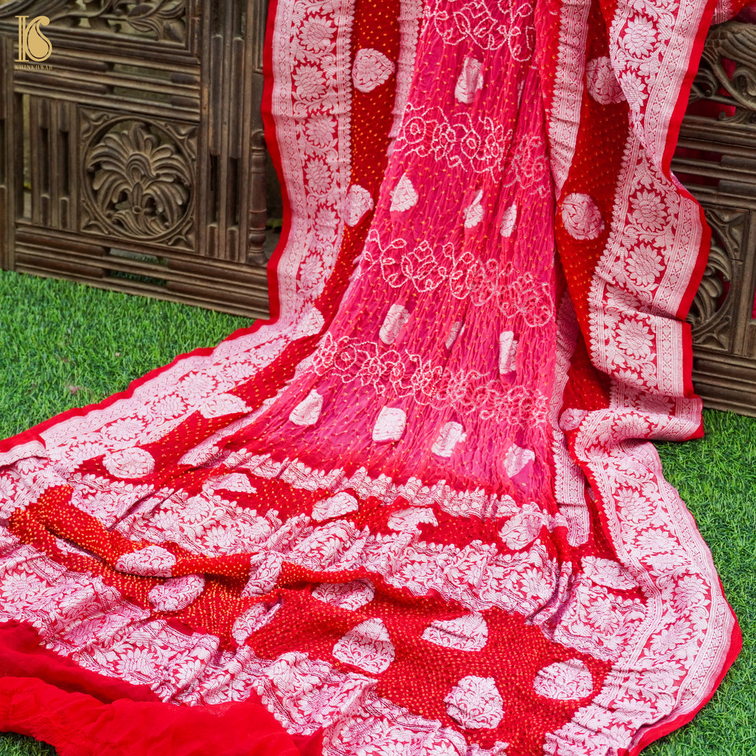 French Rose Pure Georgette Handloom Banarasi Bandhani Saree - Khinkhwab