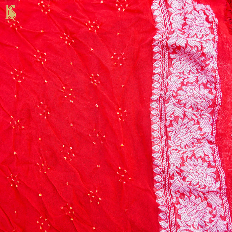 French Rose Pure Georgette Handloom Banarasi Bandhani Saree - Khinkhwab