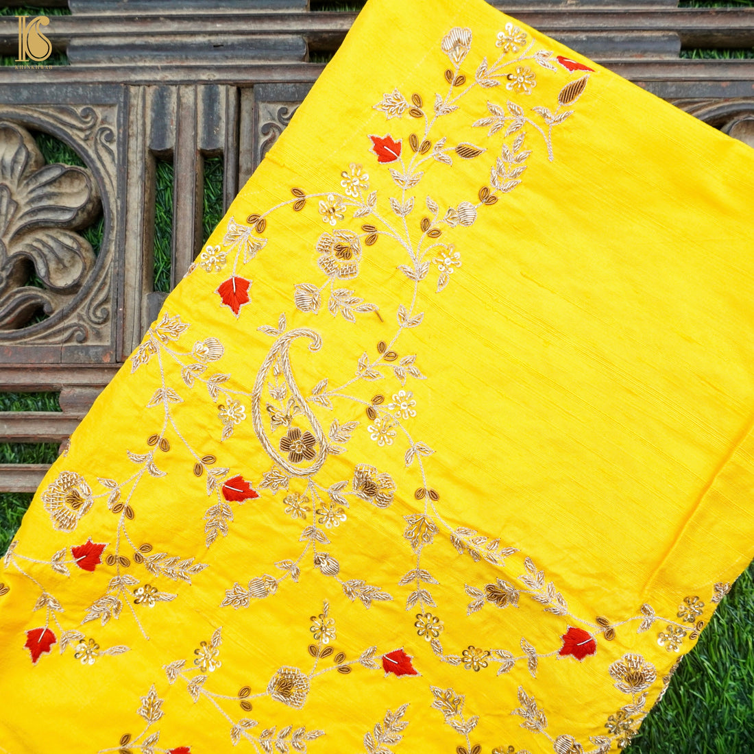 Hand Embroidered Pure Raw Silk Golden Yellow Blouse Fabric - Khinkhwab