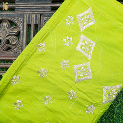 Hand Embroidered Pure Raw Silk La Rioja Green Blouse Fabric - Khinkhwab