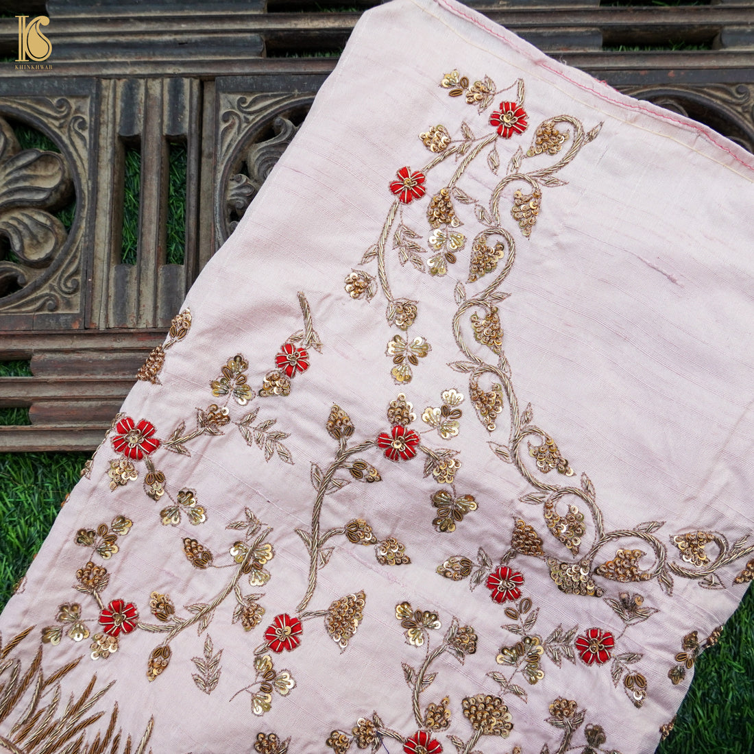 Hand Embroidered Pure Raw Silk Prim White Blouse Fabric - Khinkhwab