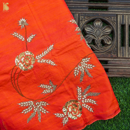 Hand Embroidered Pure Raw Silk Orange Blouse Fabric - Khinkhwab
