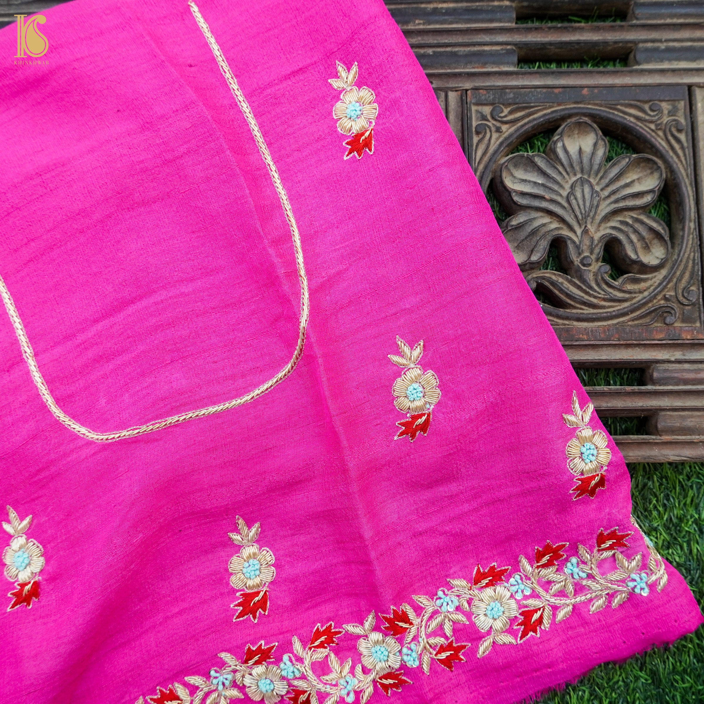 Hand Embroidered Pure Raw Silk Pink Blouse Fabric - Khinkhwab
