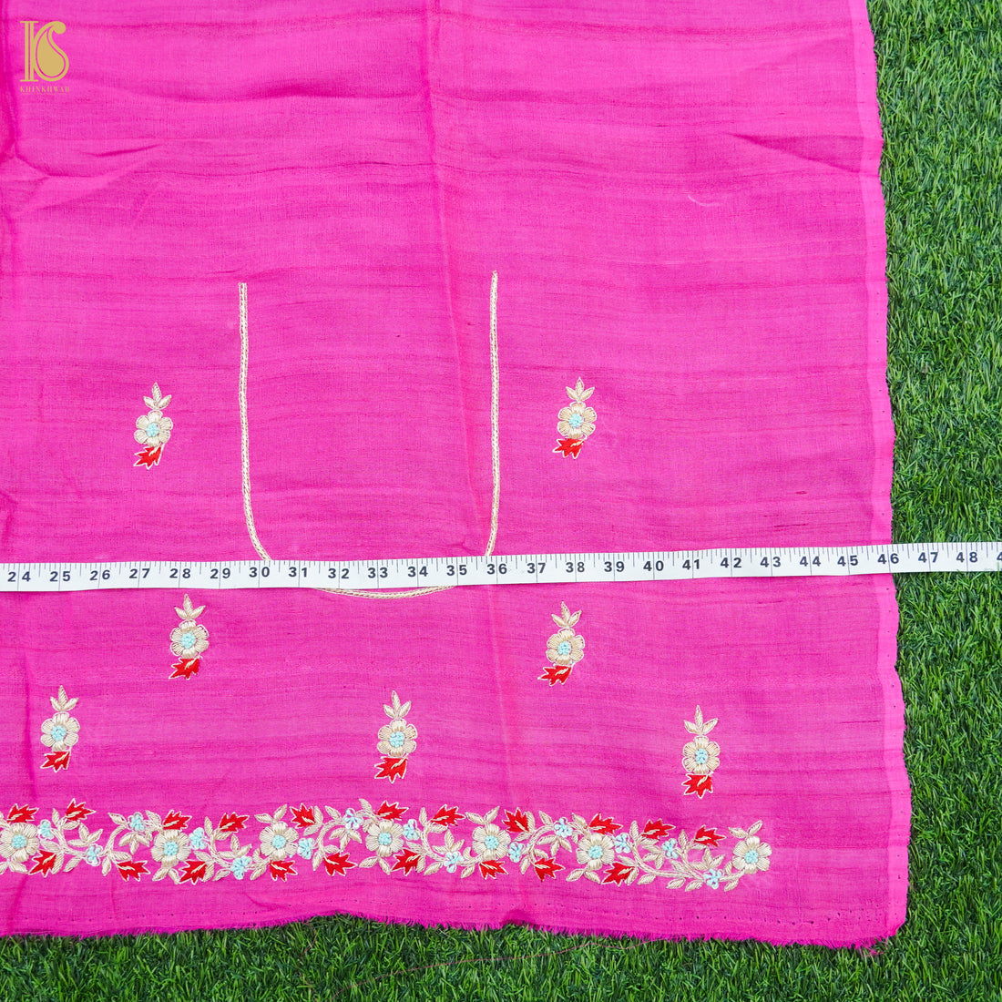 Hand Embroidered Pure Raw Silk Pink Blouse Fabric - Khinkhwab