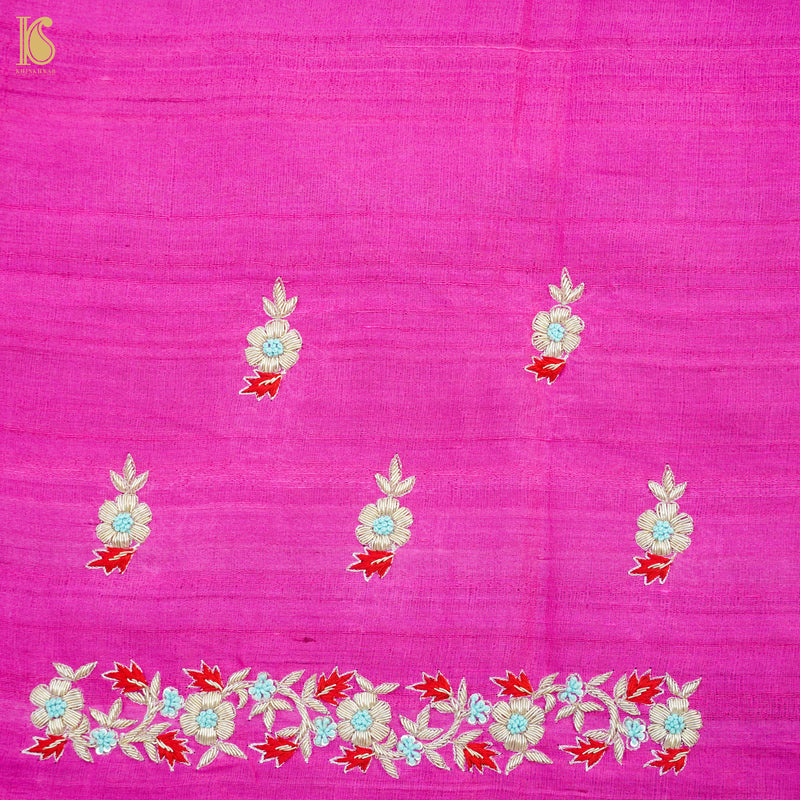 Hand Embroidered Pure Raw Silk Pink Blouse Fabric - Khinkhwab