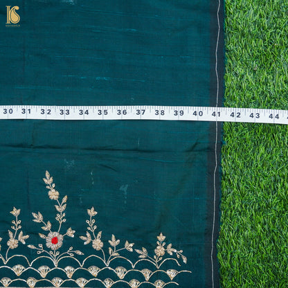 Hand Embroidered Pure Raw Silk Teal Blue Blouse Fabric - Khinkhwab