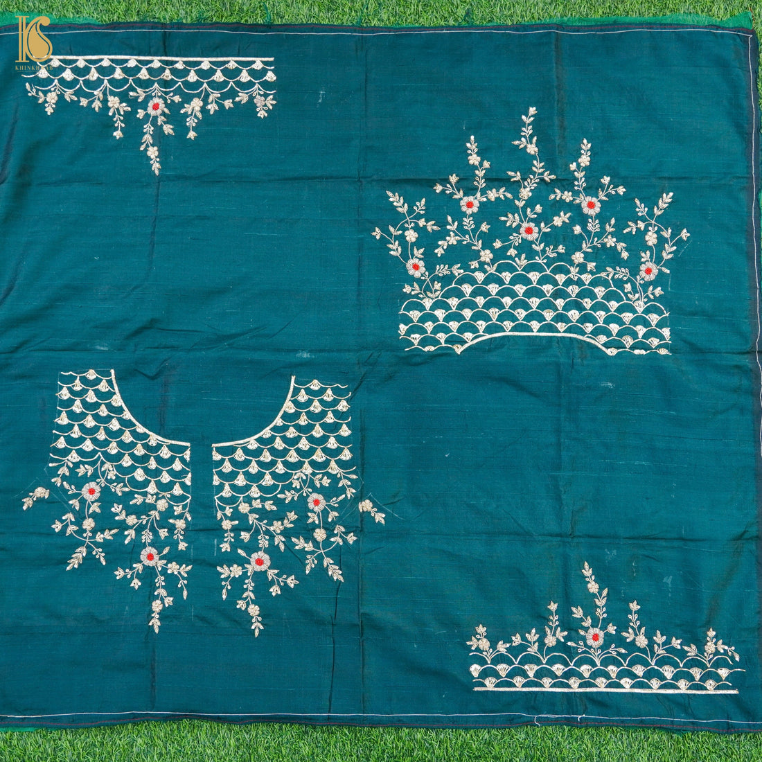 Hand Embroidered Pure Raw Silk Teal Blue Blouse Fabric - Khinkhwab