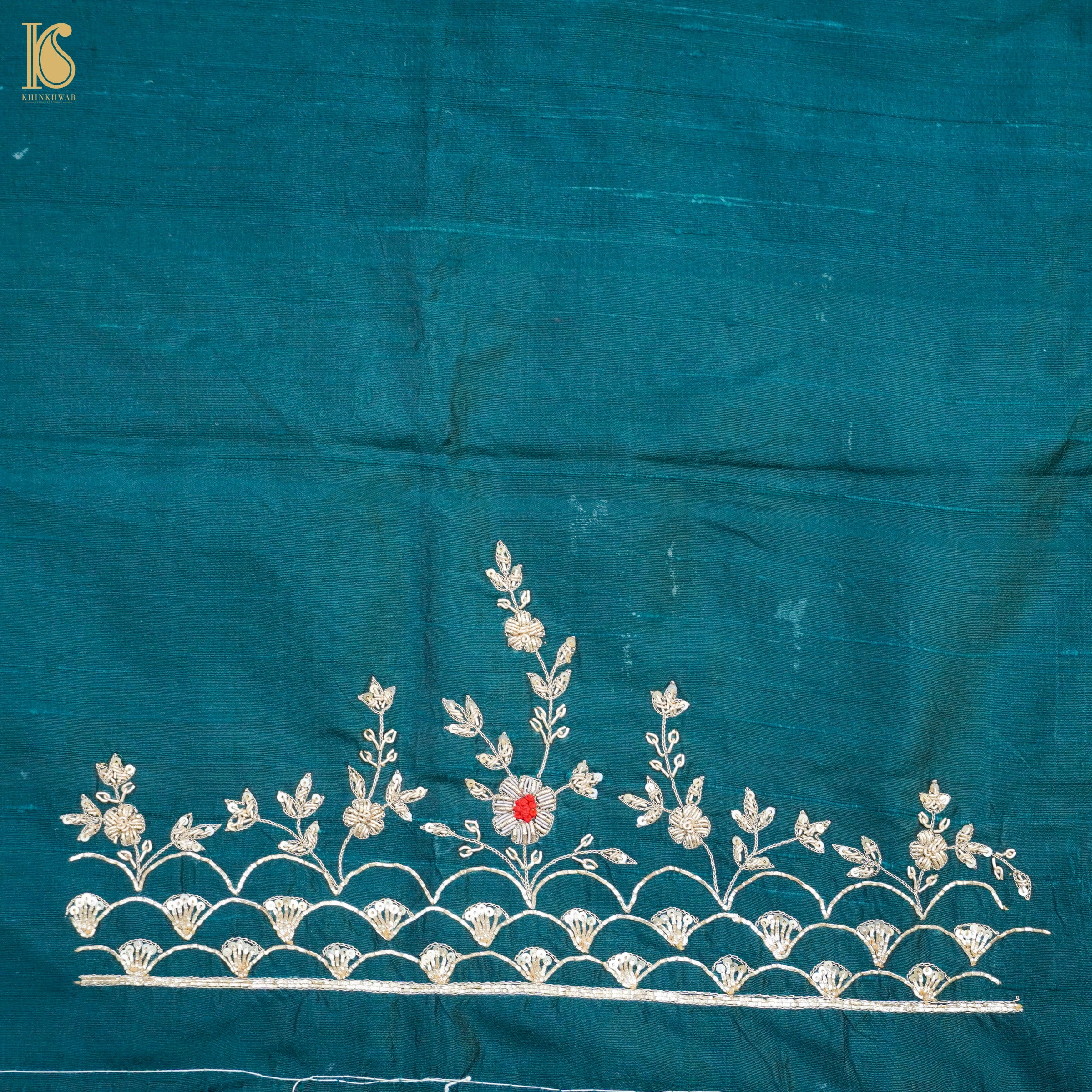 Hand Embroidered Pure Raw Silk Teal Blue Blouse Fabric - Khinkhwab