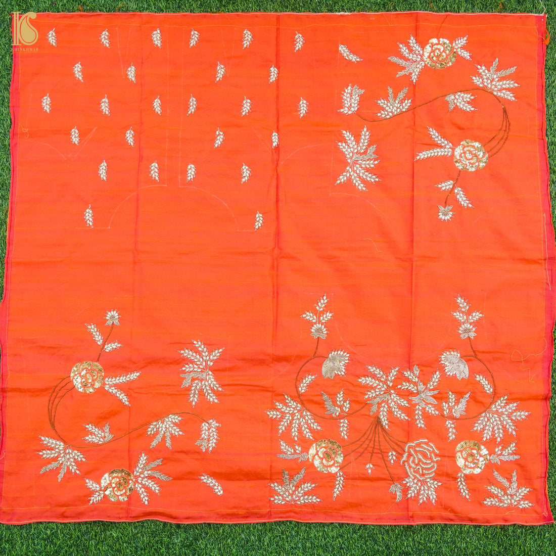 Hand Embroidered Pure Raw Silk Orange Blouse Fabric - Khinkhwab