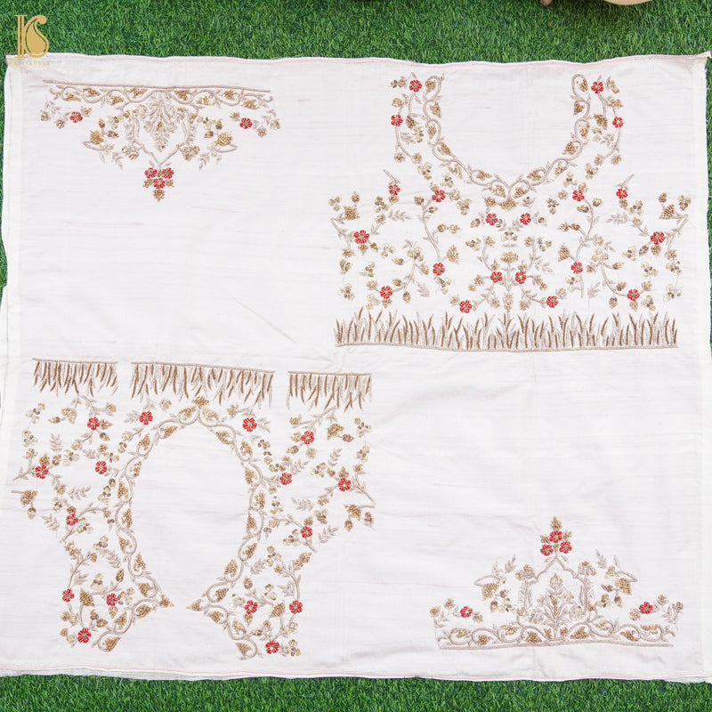 Hand Embroidered Pure Raw Silk Prim White Blouse Fabric - Khinkhwab