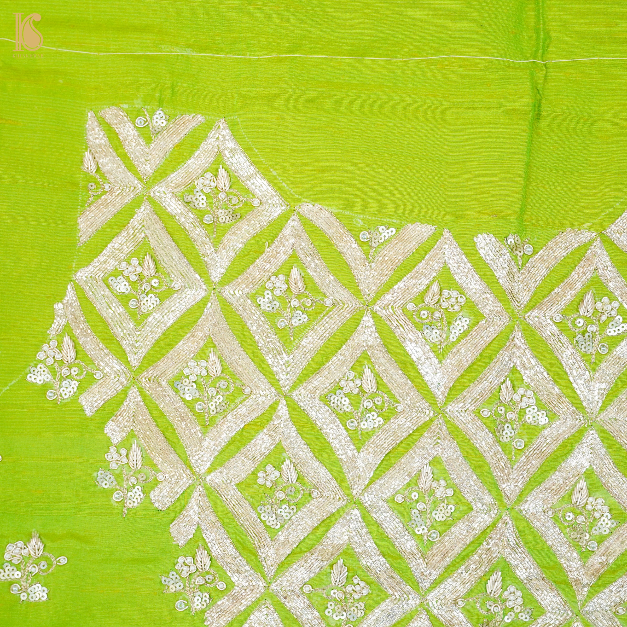 Hand Embroidered Pure Raw Silk La Rioja Green Blouse Fabric - Khinkhwab
