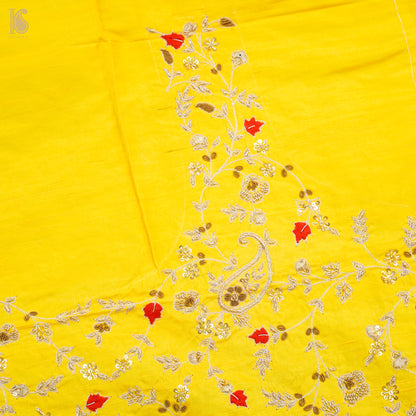 Hand Embroidered Pure Raw Silk Golden Yellow Blouse Fabric - Khinkhwab