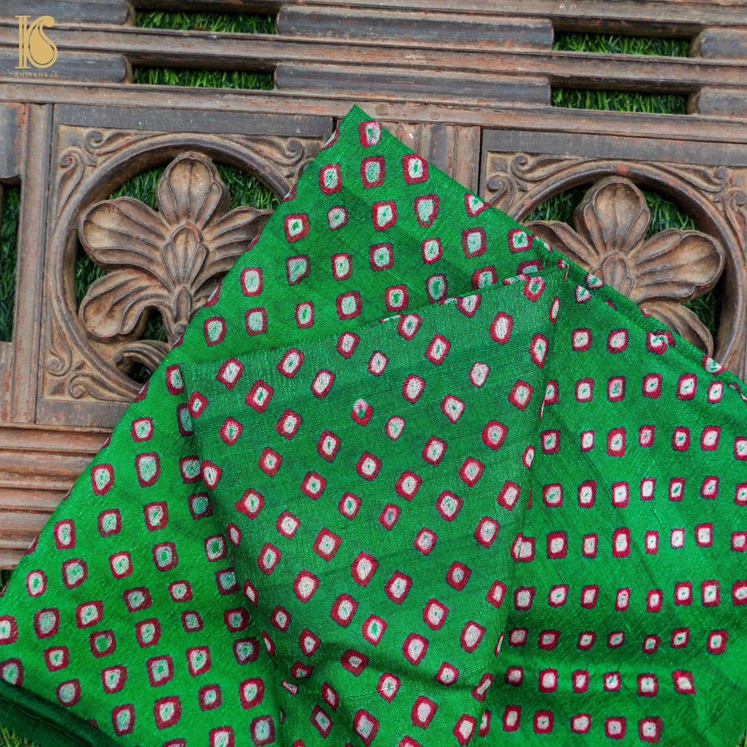 Malachite Green Pure Tussar Silk Bandhani Blouse Fabric - Khinkhwab