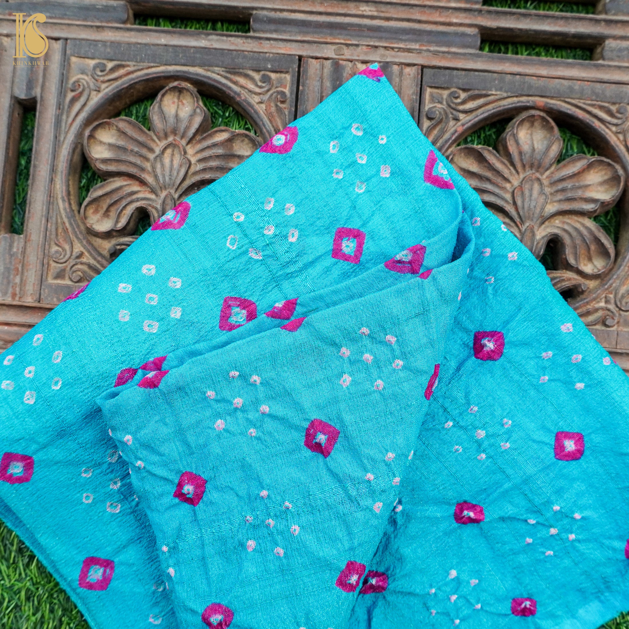 Blue Pure Tussar Silk Bandhani Blouse Fabric - Khinkhwab