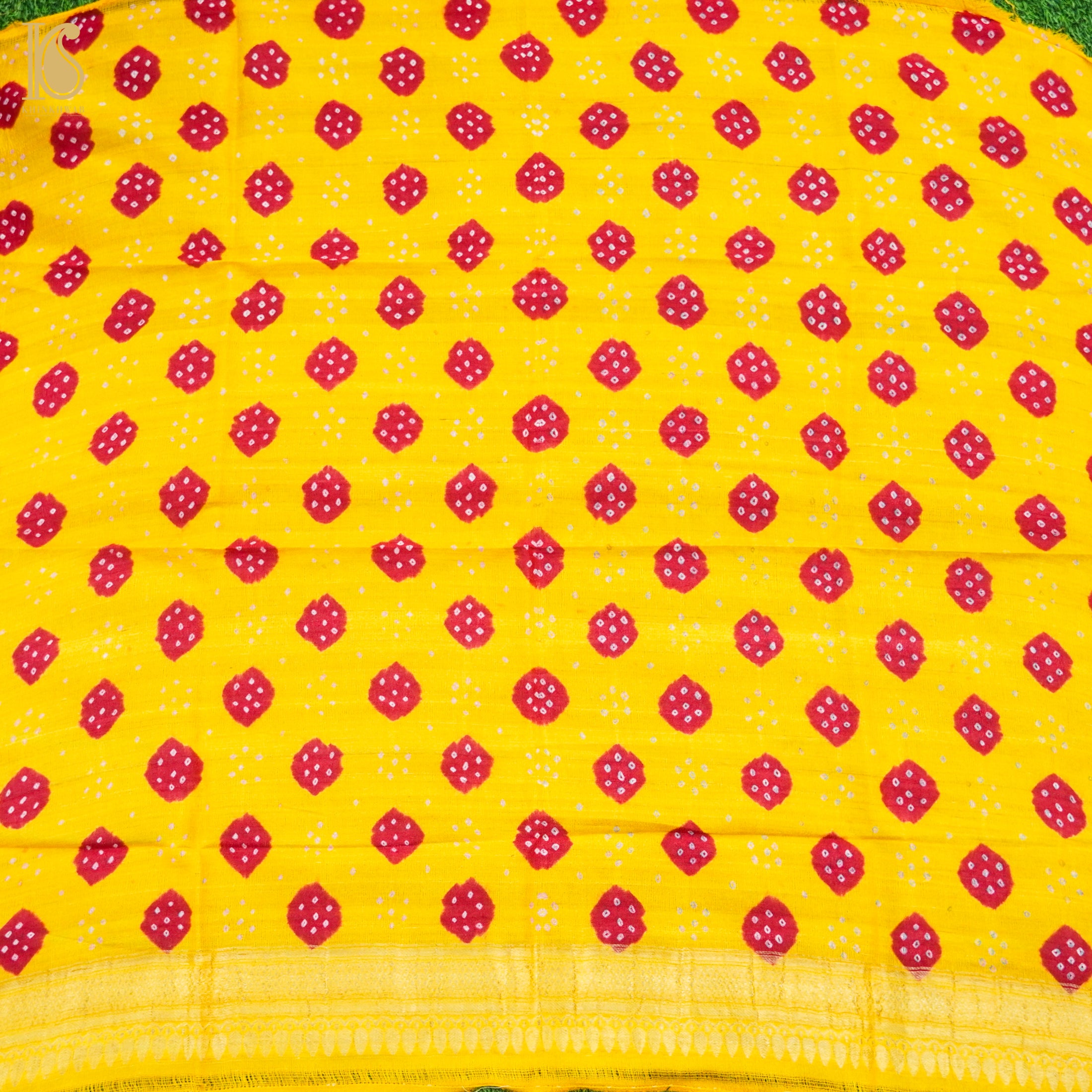 Yellow Pure Tussar Silk Bandhani Blouse Fabric - Khinkhwab