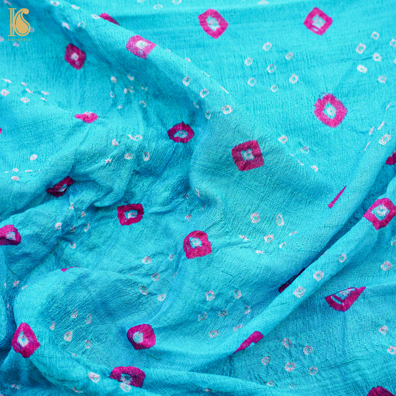 Blue Pure Tussar Silk Bandhani Blouse Fabric - Khinkhwab