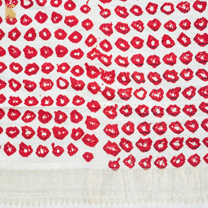 White &amp; Red Pure Tussar Silk Bandhani Blouse Fabric - Khinkhwab