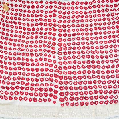White &amp; Red Pure Tussar Silk Bandhani Blouse Fabric - Khinkhwab