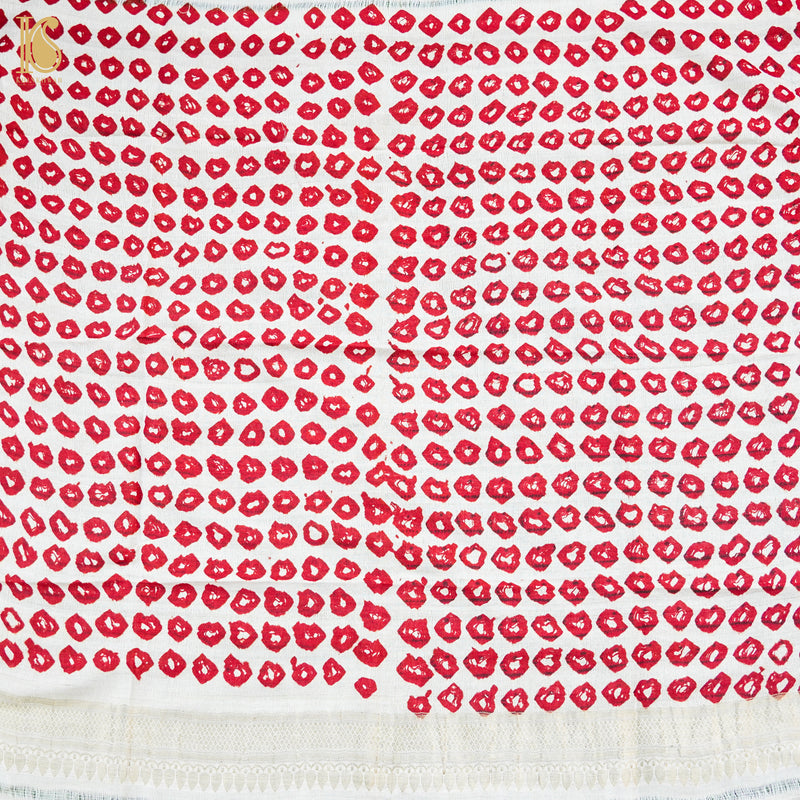 White & Red Pure Tussar Silk Bandhani Blouse Fabric - Khinkhwab