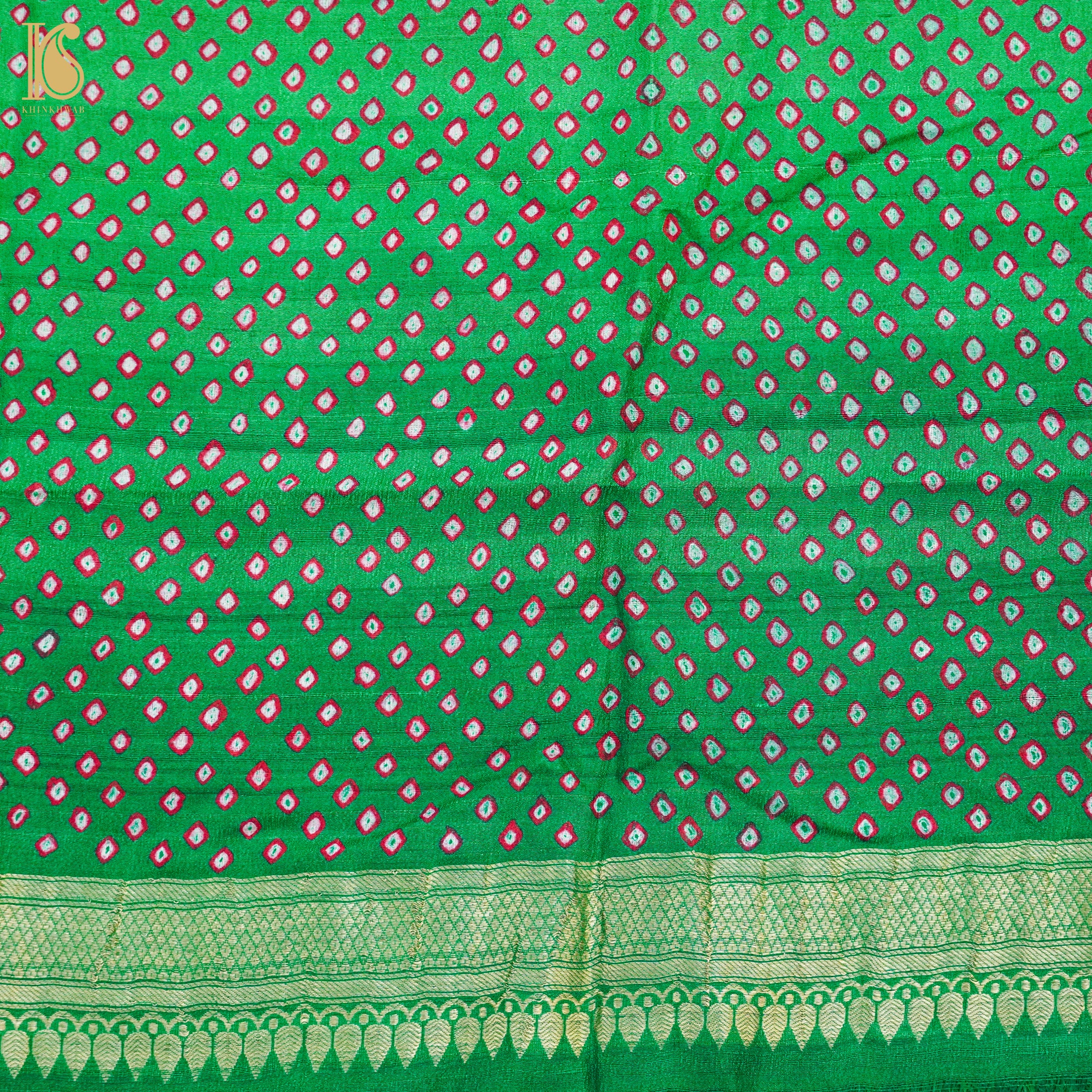 Malachite Green Pure Tussar Silk Bandhani Blouse Fabric - Khinkhwab