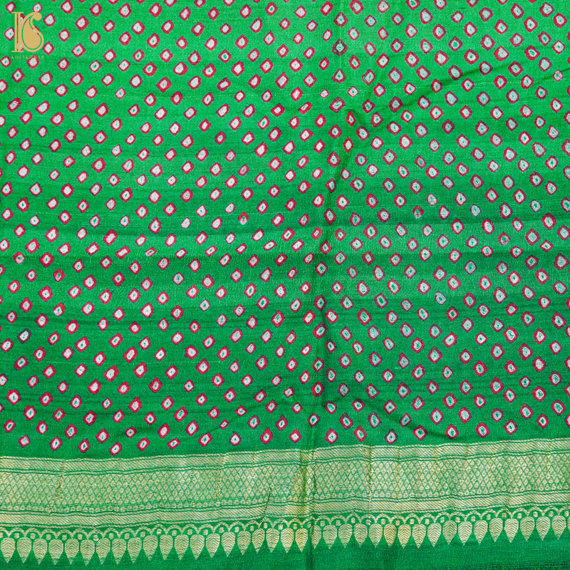 Malachite Green Pure Tussar Silk Bandhani Blouse Fabric - Khinkhwab