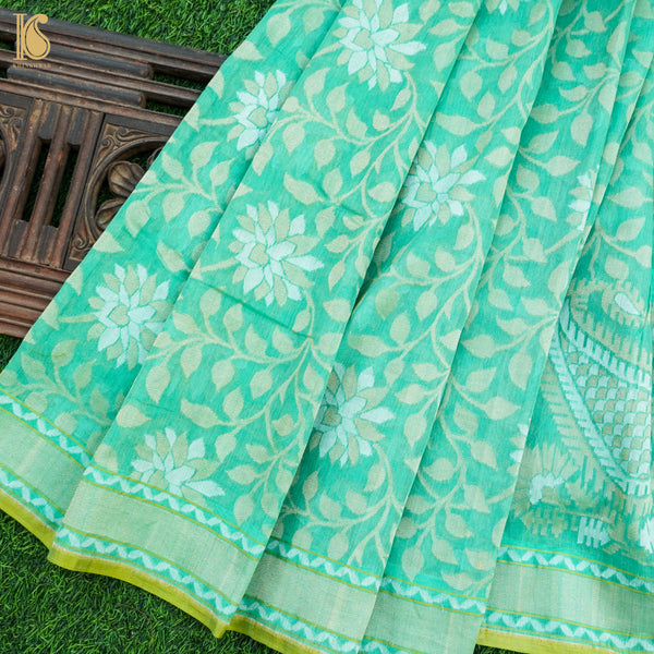 Green Pure Cotton Handloom Banarasi Jamdani Ektara Saree - Khinkhwab