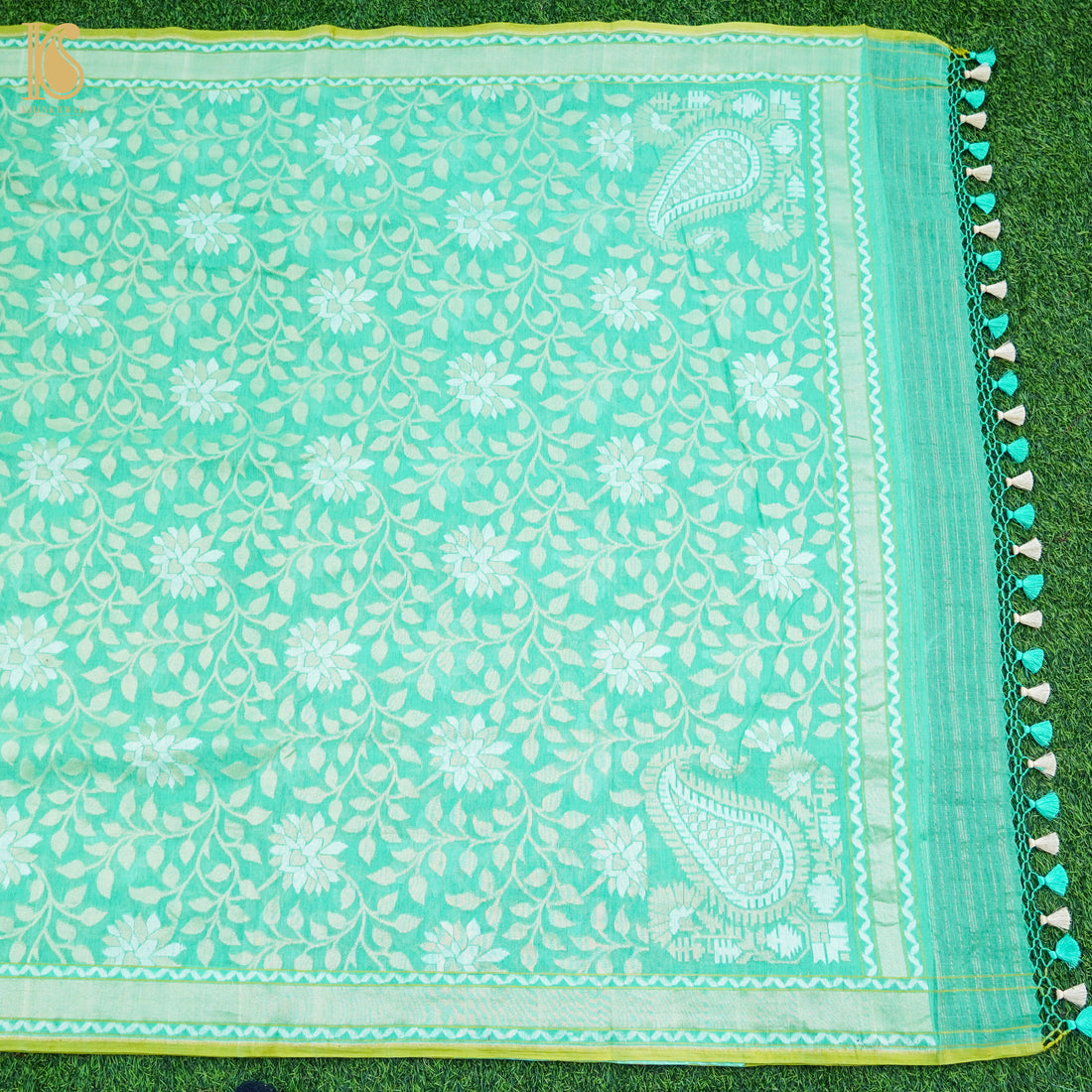 Green Pure Cotton Handloom Banarasi Jamdani Ektara Saree - Khinkhwab