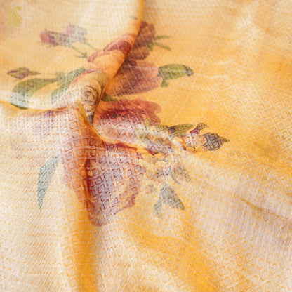 Beige Pure Tissue Silk Tanchoi Handwoven Banarasi Floral Print Saree - Khinkhwab