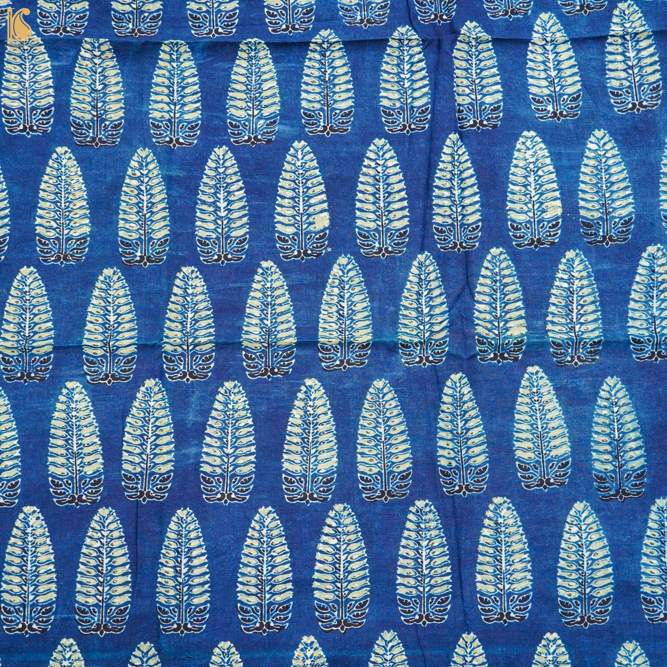 Blue Hand Block Ajrakh Cotton Leaf Fabric - Khinkhwab