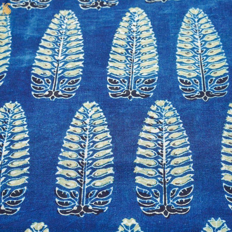 Blue Hand Block Ajrakh Cotton Leaf Fabric - Khinkhwab