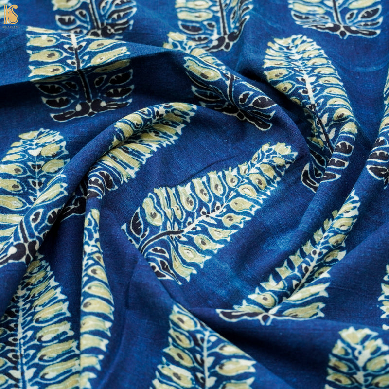 Blue Hand Block Ajrakh Cotton Leaf Fabric - Khinkhwab