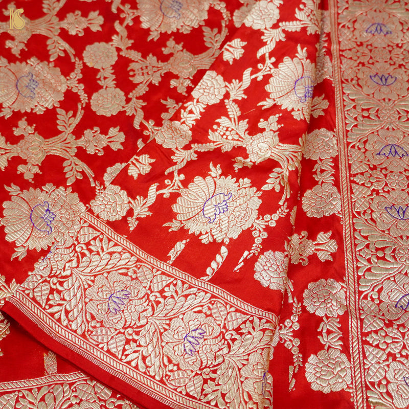Handwoven Pure Katan Silk Red Banarasi Mughal Boota Saree - Khinkhwab