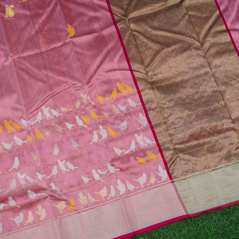 Pink Handwoven Pure Chanderi Bird Saree - Khinkhwab
