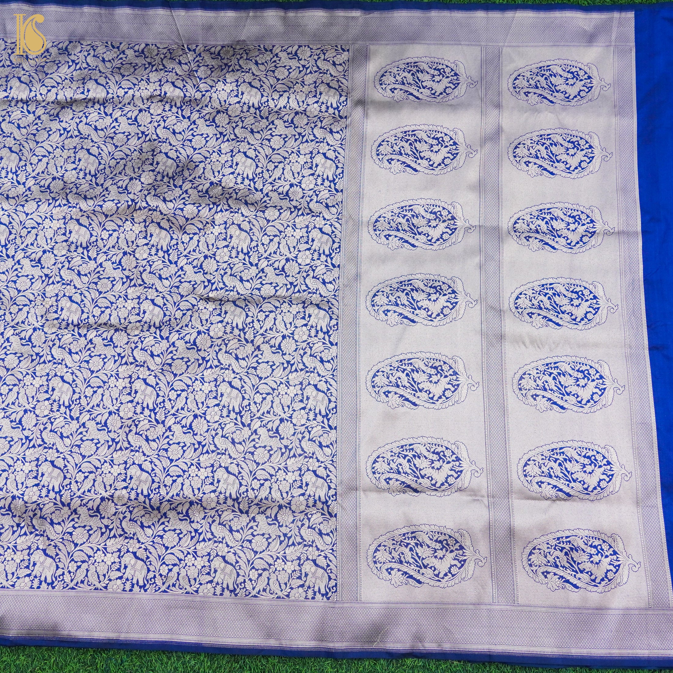 Sapphire Blue Handloom Katan Silk Banarasi Shikargah Saree - Khinkhwab