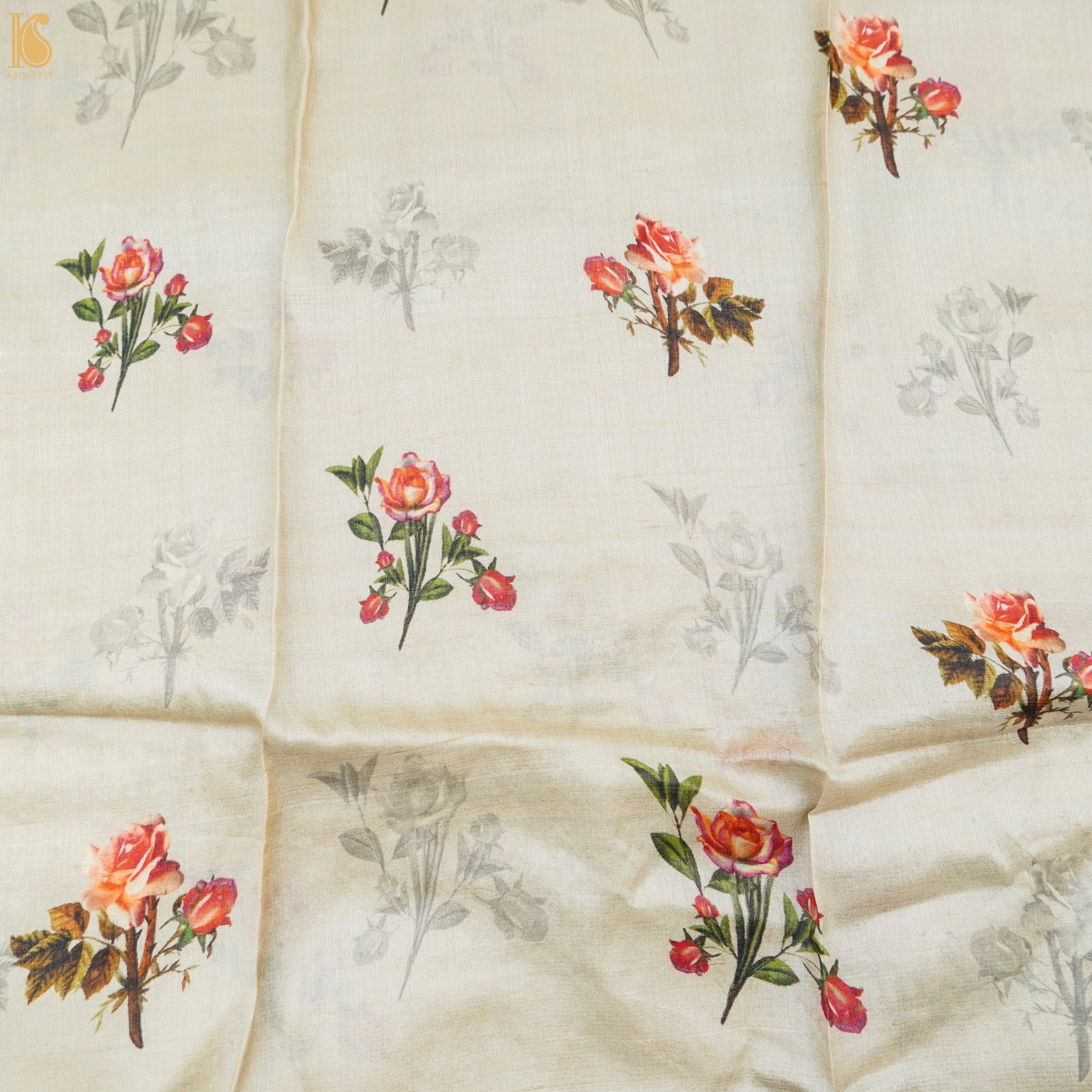 Grey Rose Pure Tussar Silk Print Kalidar Stitched Lehenga Set - Khinkhwab