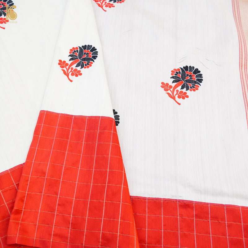 White & Red Pure Katan Silk Handloom Kadwa Banarasi Saree - Khinkhwab