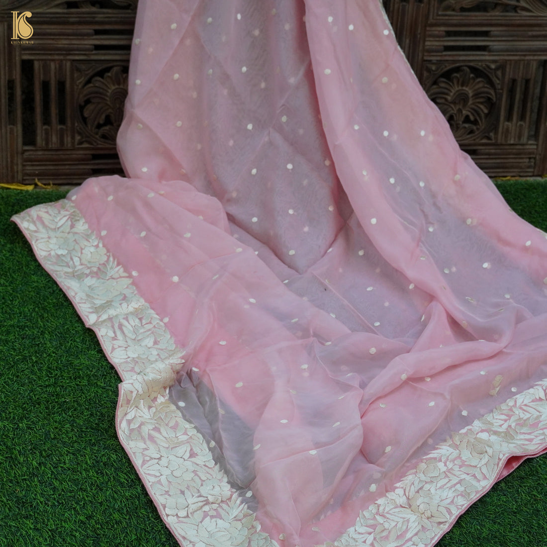 Logan Pink Handcrafted Parsi Gara Pure Organza Dupatta - Khinkhwab