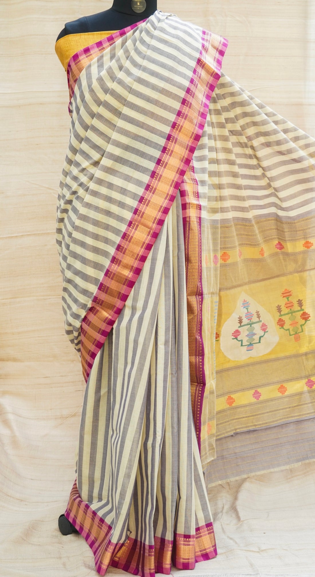 Pearl White &amp; Blue Pure Cotton Handwoven Paithani Stripes Saree - Khinkhwab